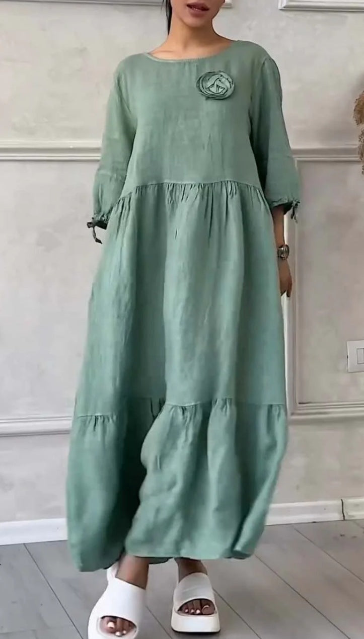 Women's Round Neck Pleated Long Sleeve Casual Dress