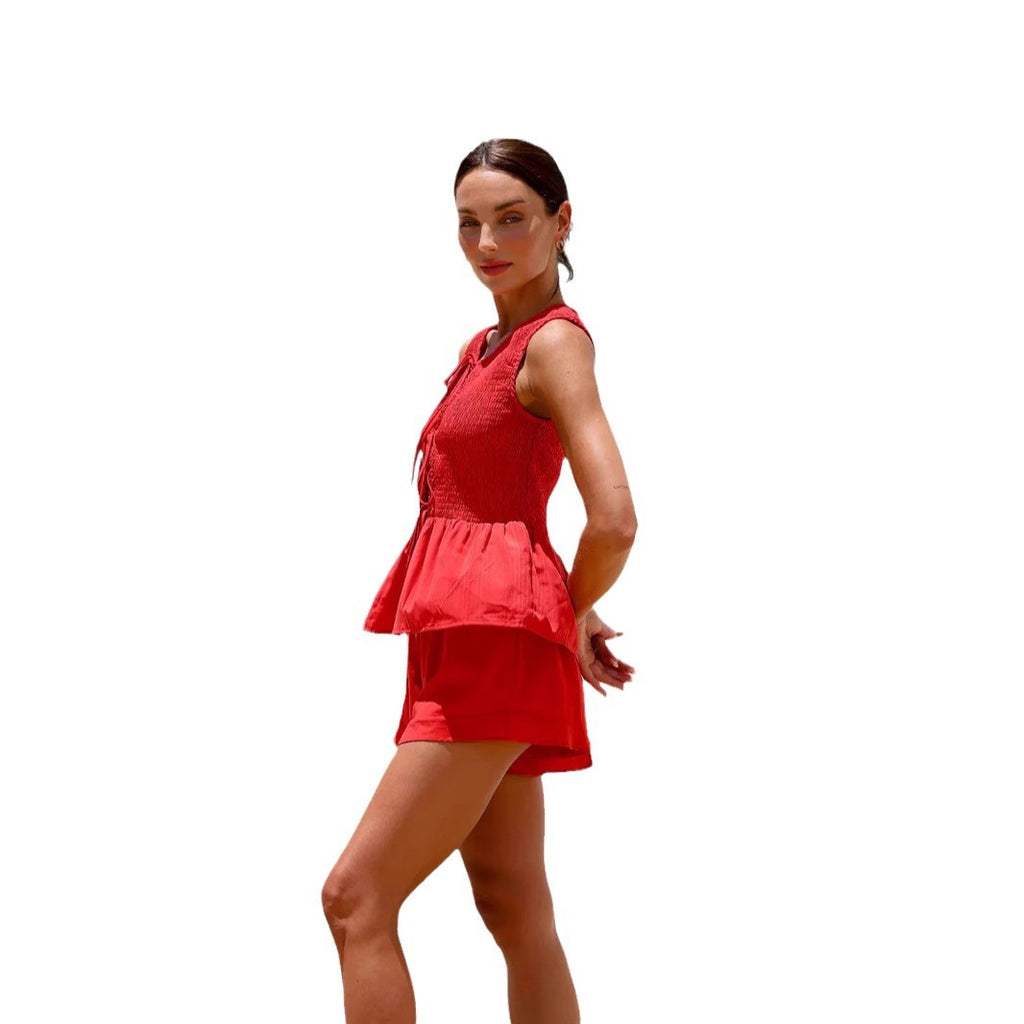 Lace-up Sleeveless Backless Top High Waist Shorts Suit