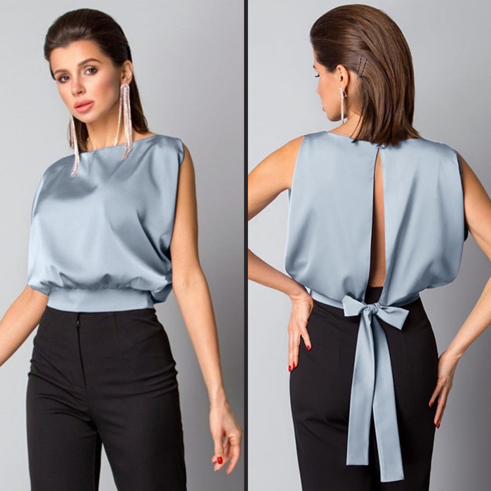 Backless Tie Back Satin Top Sleeveless