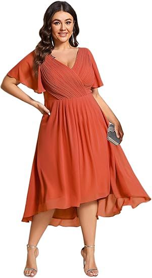 Banquet Evening Dress A- Line V-neck Chiffon Short Sleeve Knee-length Plus Size