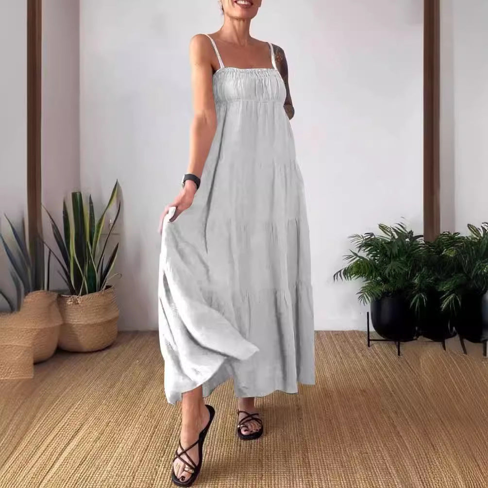 Women's Solid Color Casual Chest Wrap Pleated Suspender Dress