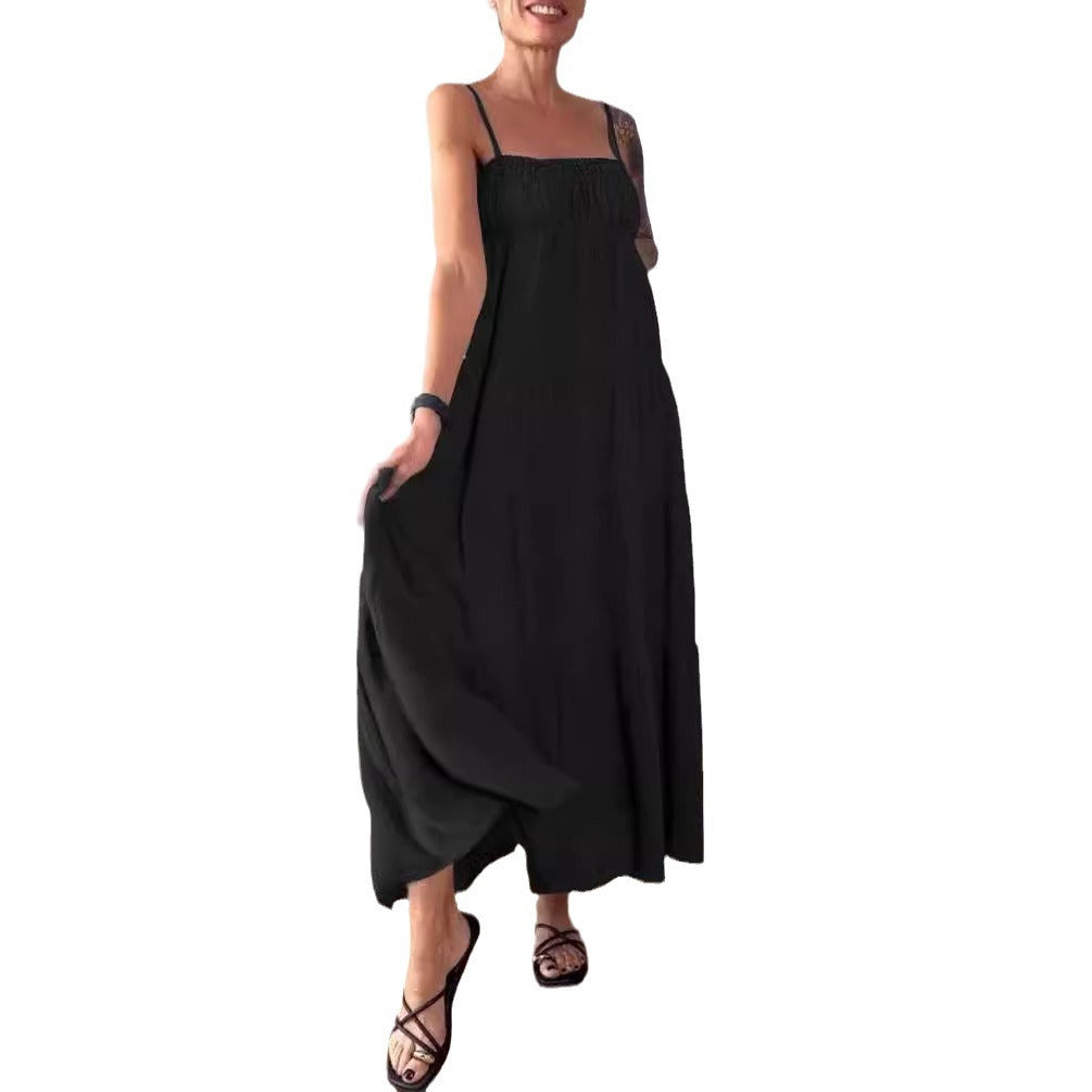 Women's Solid Color Casual Chest Wrap Pleated Suspender Dress