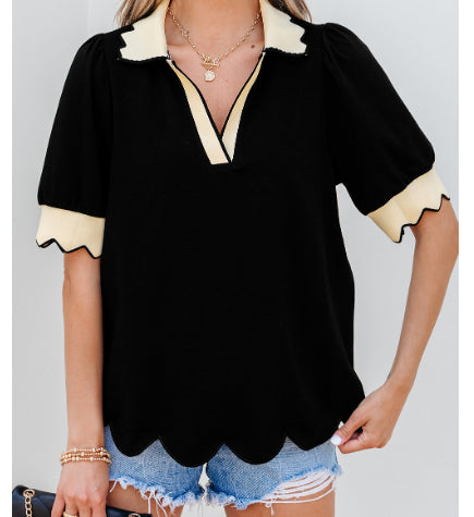 Black Color Contrast Collared V Neck Puff Sleeve Blouse