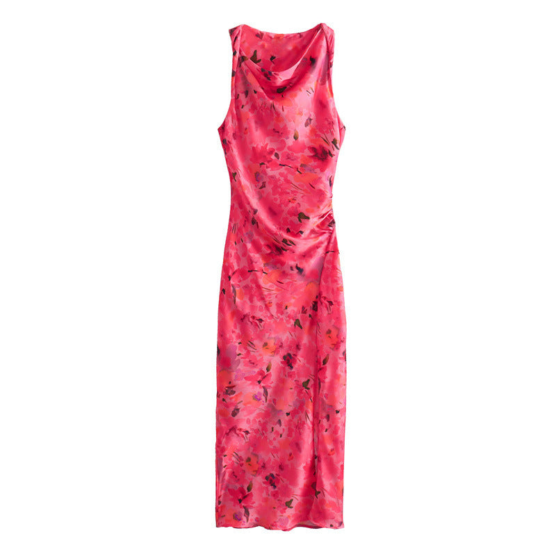 Casual Flower Printed Silk Satin Texture Dress