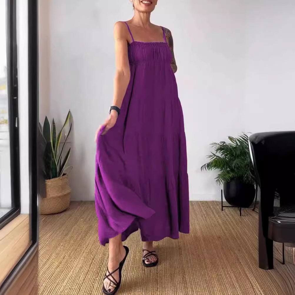 Women's Solid Color Casual Chest Wrap Pleated Suspender Dress