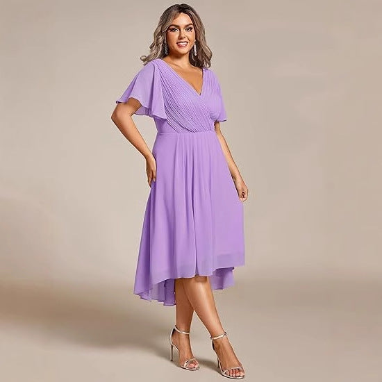 Banquet Evening Dress A- Line V-neck Chiffon Short Sleeve Knee-length Plus Size