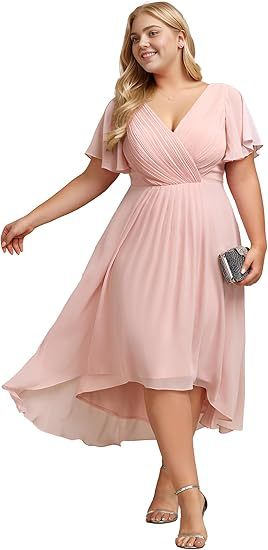 Banquet Evening Dress A- Line V-neck Chiffon Short Sleeve Knee-length Plus Size