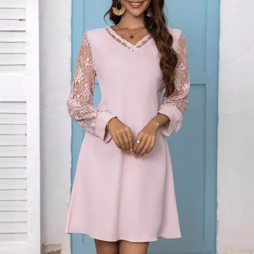 V-neck Lace Stitching Long Sleeve Dress