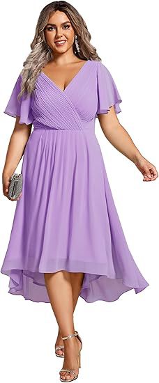 Banquet Evening Dress A- Line V-neck Chiffon Short Sleeve Knee-length Plus Size
