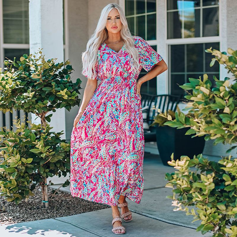 Summer New Short Sleeve V-neck Pullover Floral Skirt Women