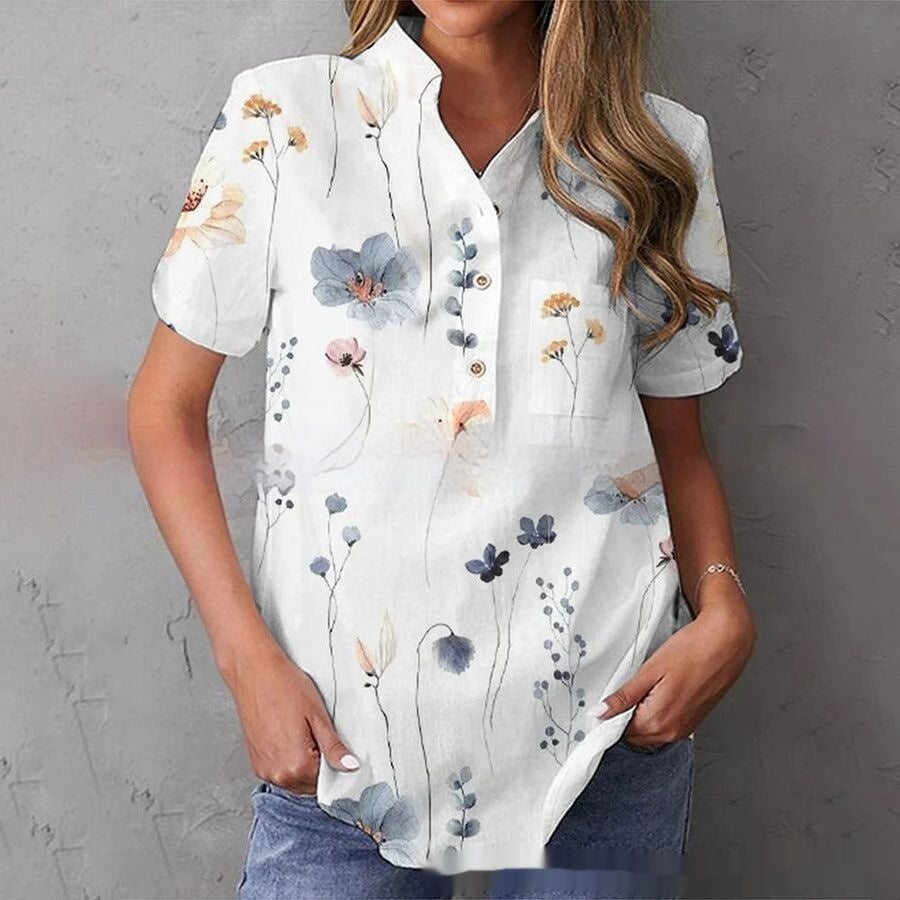 Breasted Lapel Short-sleeved Shirt For Women