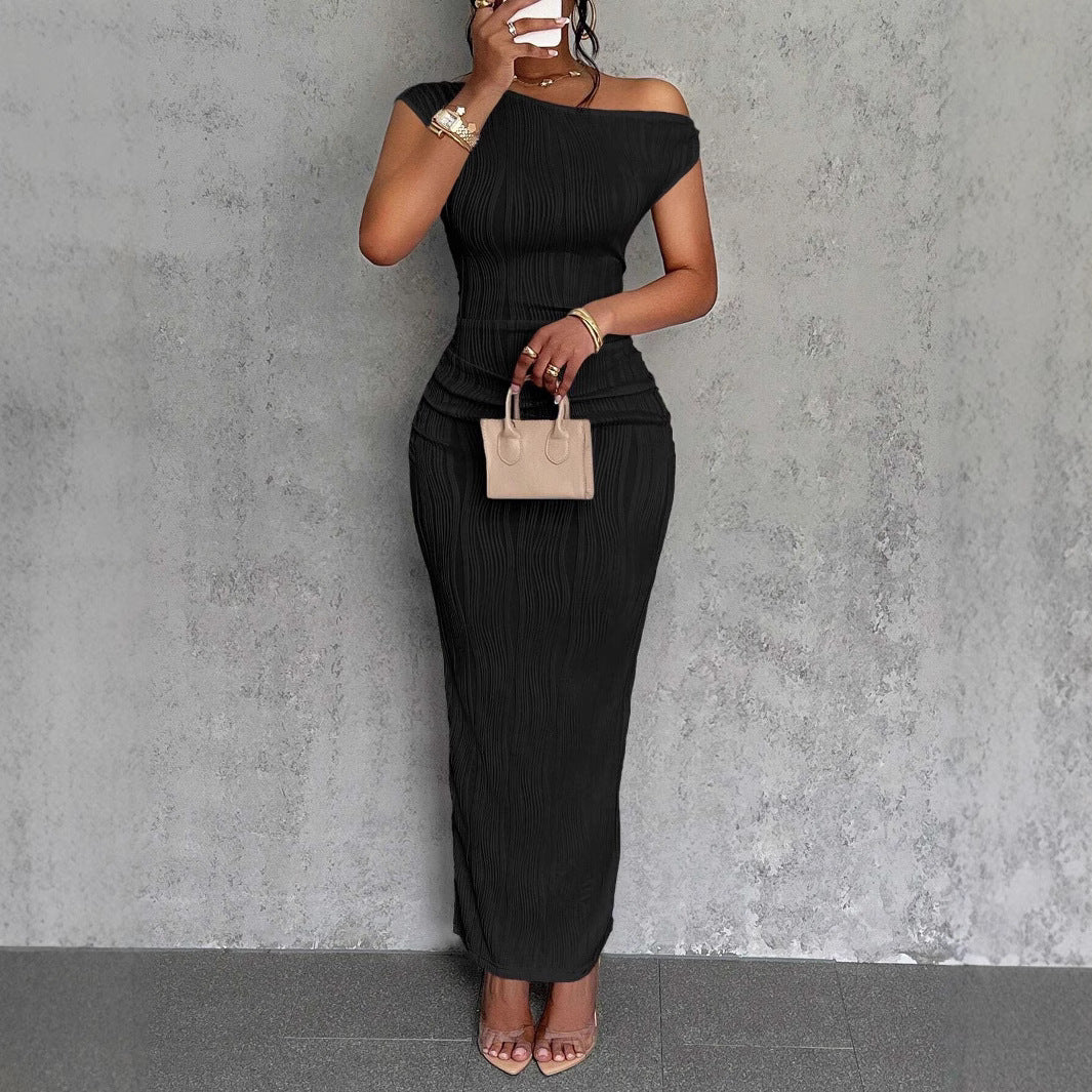 Cute Fashion Water Ripple Sloping Shoulder Dress