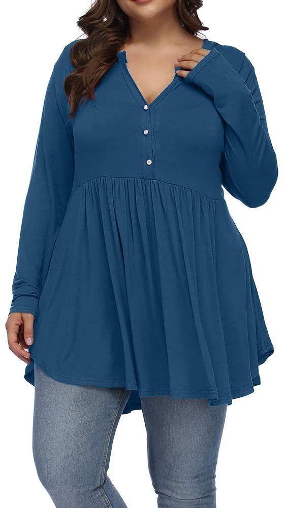 V-neck Buttons Pleated Long Sleeve Plus Size T-shirt