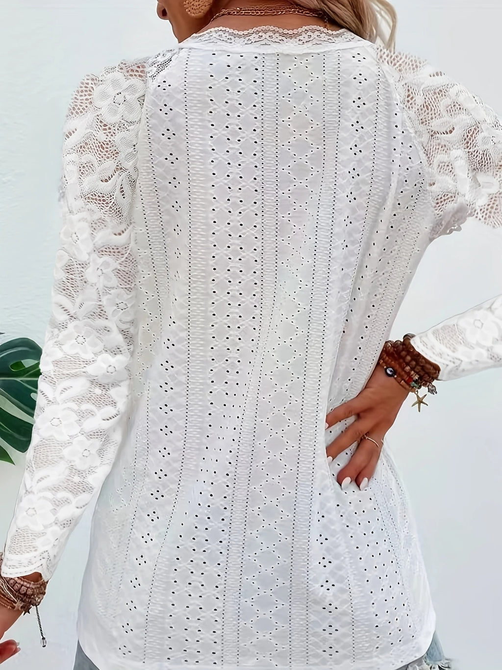 Contrast Lace V-neck Eyelet T-Shirt