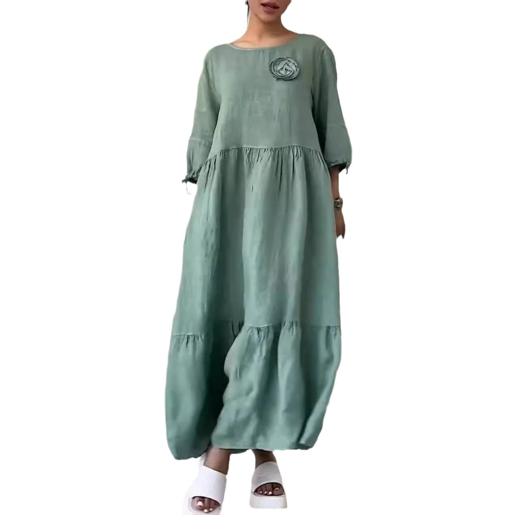 Women's Round Neck Pleated Long Sleeve Casual Dress