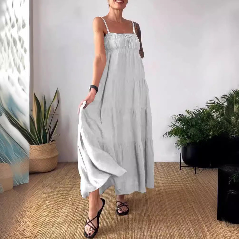 Women's Solid Color Casual Chest Wrap Pleated Suspender Dress