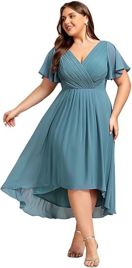 Banquet Evening Dress A- Line V-neck Chiffon Short Sleeve Knee-length Plus Size
