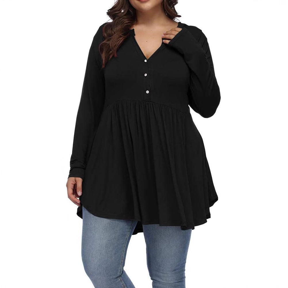 V-neck Buttons Pleated Long Sleeve Plus Size T-shirt