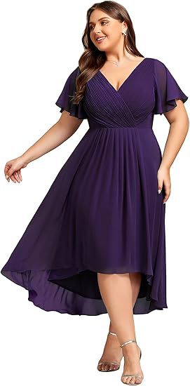 Banquet Evening Dress A- Line V-neck Chiffon Short Sleeve Knee-length Plus Size