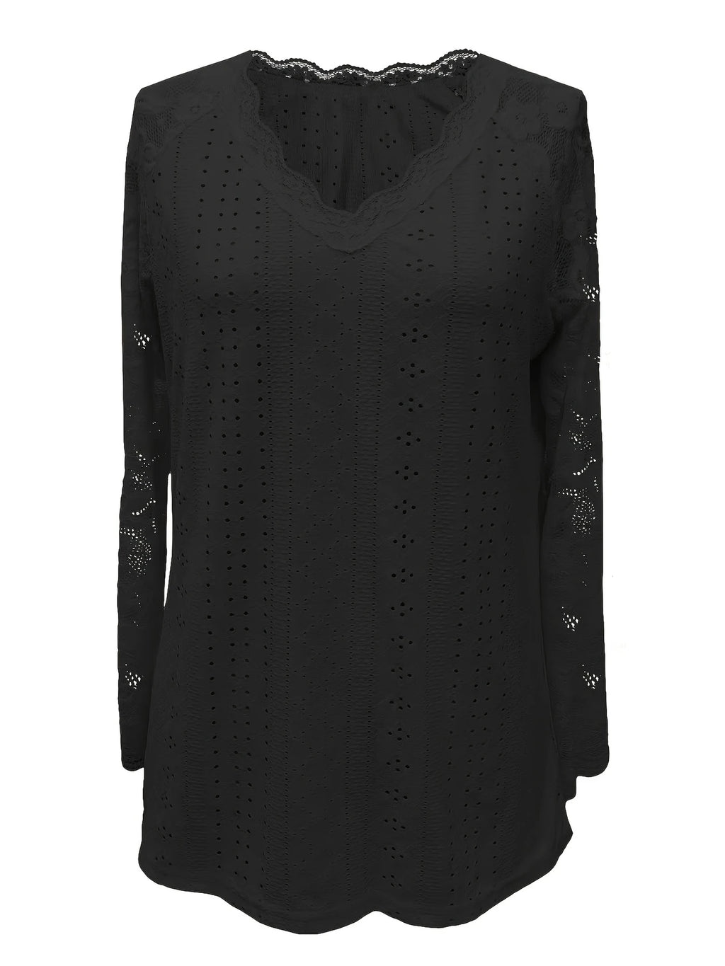Contrast Lace V-neck Eyelet T-Shirt
