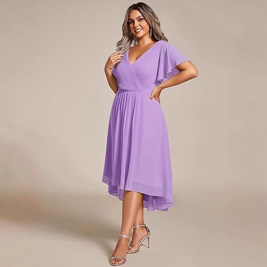 Banquet Evening Dress A- Line V-neck Chiffon Short Sleeve Knee-length Plus Size