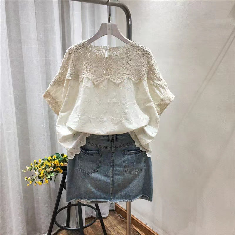 Women's Embroidered Linen Cotton Hollow-out Short-sleeved Top