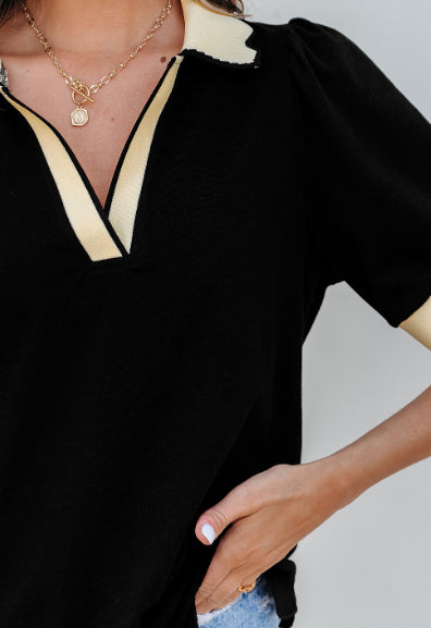 Black Color Contrast Collared V Neck Puff Sleeve Blouse