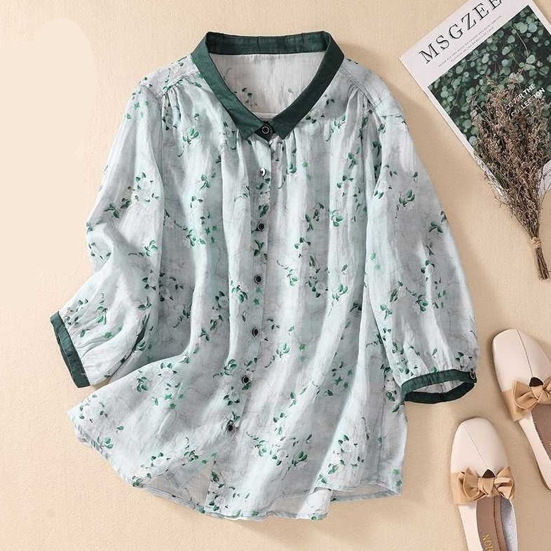Cotton And Linen Top Women's Loose Printed Linen Shirt