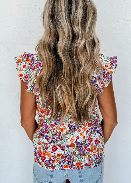 Rose Red Floral Square Neck Flutter Tank Top