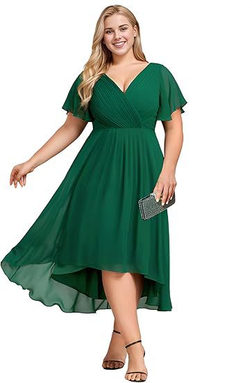 Banquet Evening Dress A- Line V-neck Chiffon Short Sleeve Knee-length Plus Size