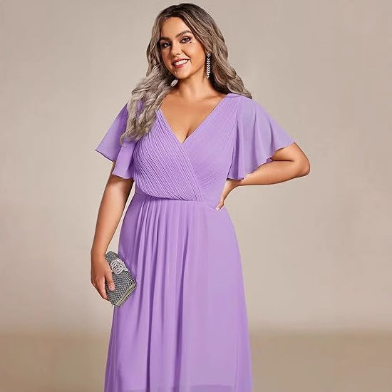 Banquet Evening Dress A- Line V-neck Chiffon Short Sleeve Knee-length Plus Size