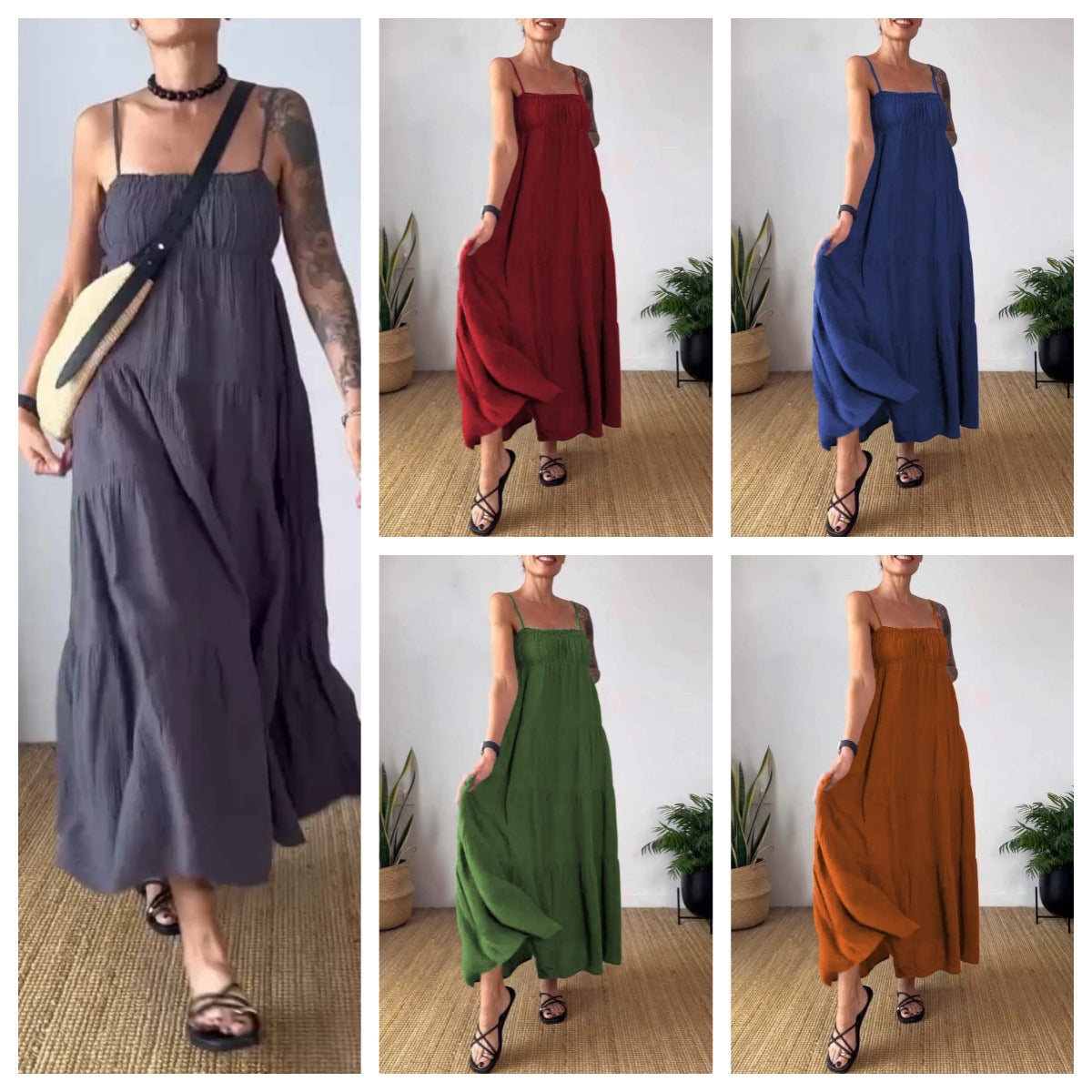 Women's Solid Color Casual Chest Wrap Pleated Suspender Dress