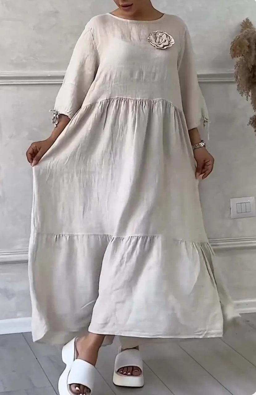 Women's Round Neck Pleated Long Sleeve Casual Dress