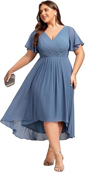 Banquet Evening Dress A- Line V-neck Chiffon Short Sleeve Knee-length Plus Size