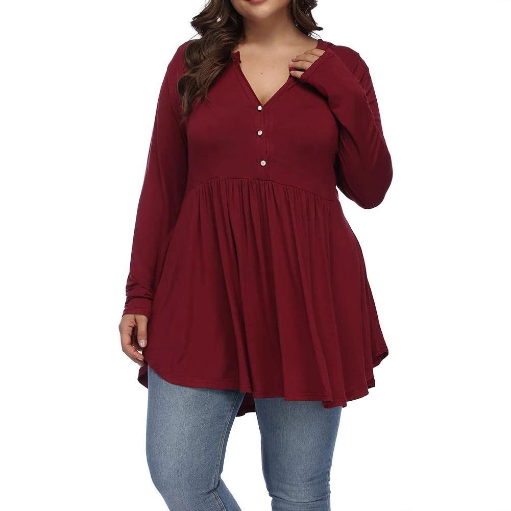 V-neck Buttons Pleated Long Sleeve Plus Size T-shirt