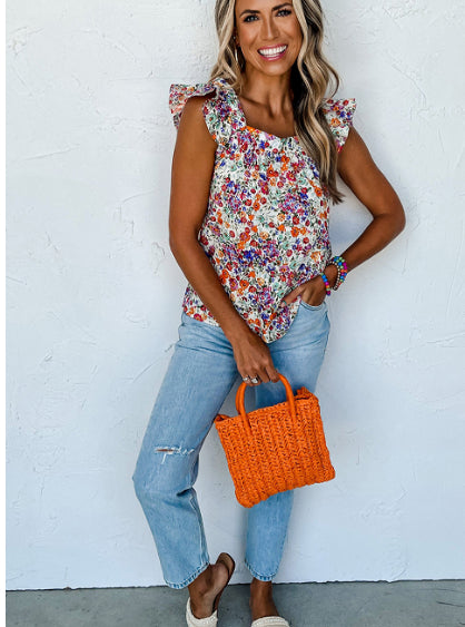 Rose Red Floral Square Neck Flutter Tank Top