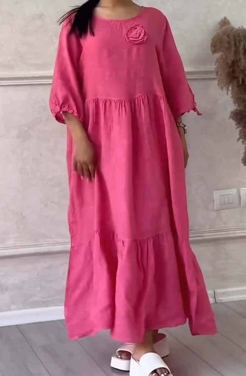 Women's Round Neck Pleated Long Sleeve Casual Dress