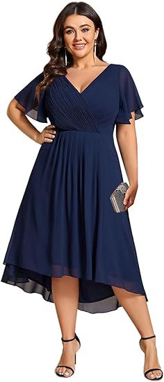 Banquet Evening Dress A- Line V-neck Chiffon Short Sleeve Knee-length Plus Size
