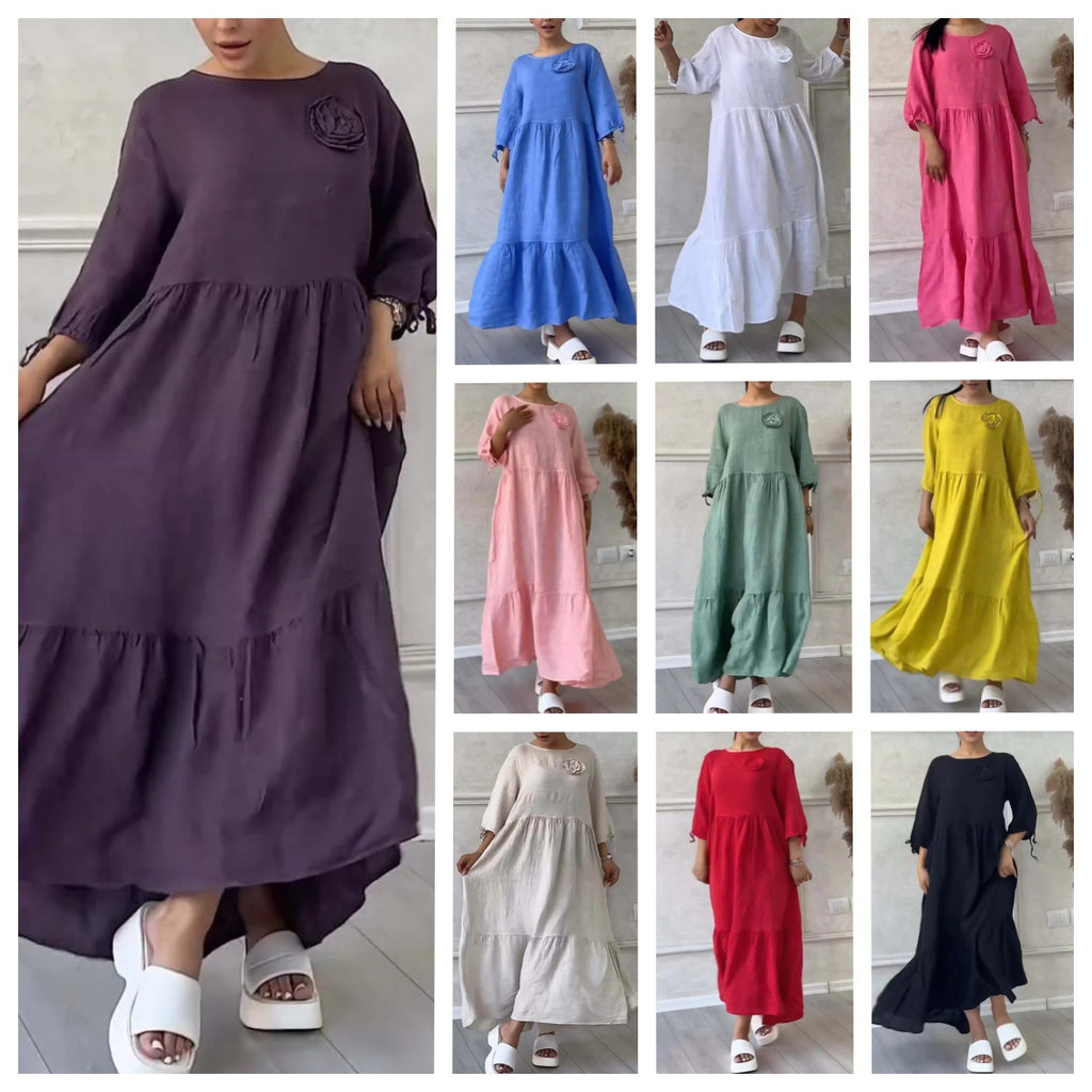 Women's Round Neck Pleated Long Sleeve Casual Dress