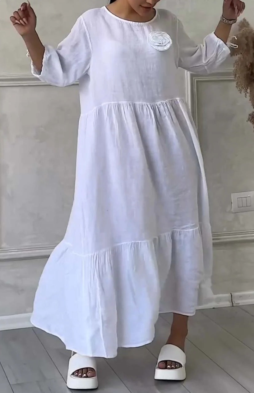 Women's Round Neck Pleated Long Sleeve Casual Dress