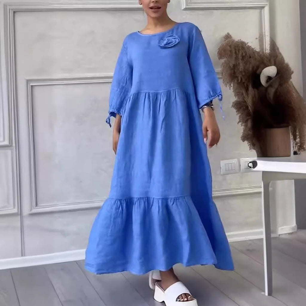 Women's Round Neck Pleated Long Sleeve Casual Dress