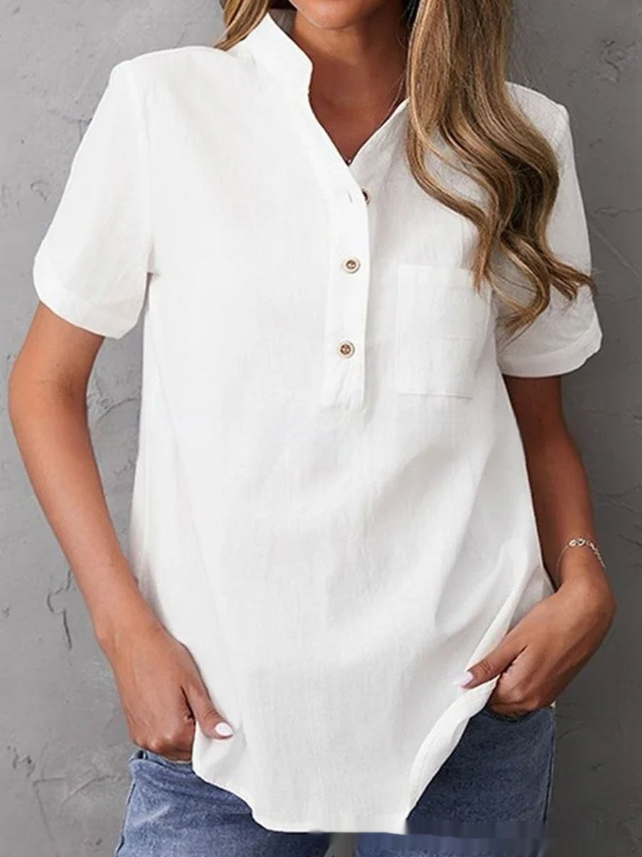 Breasted Lapel Short-sleeved Shirt For Women
