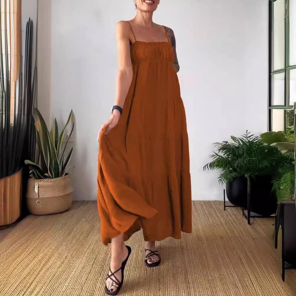 Women's Solid Color Casual Chest Wrap Pleated Suspender Dress