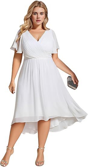 Banquet Evening Dress A- Line V-neck Chiffon Short Sleeve Knee-length Plus Size