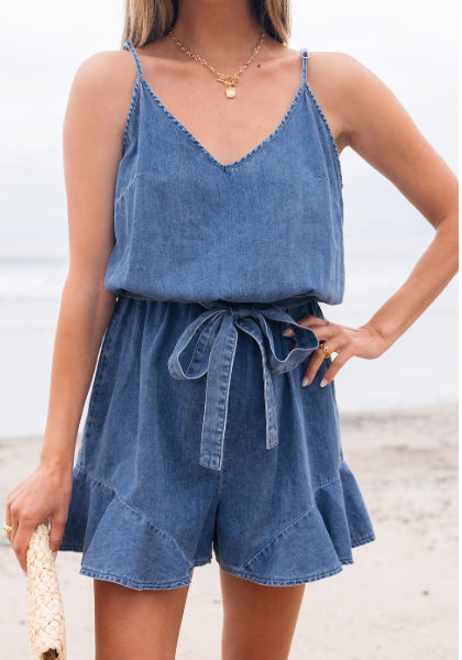 Ashleigh Blue Spaghetti Straps V Neck Belted Ruffled Leg Chambray Romper