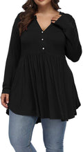 V-neck Buttons Pleated Long Sleeve Plus Size T-shirt