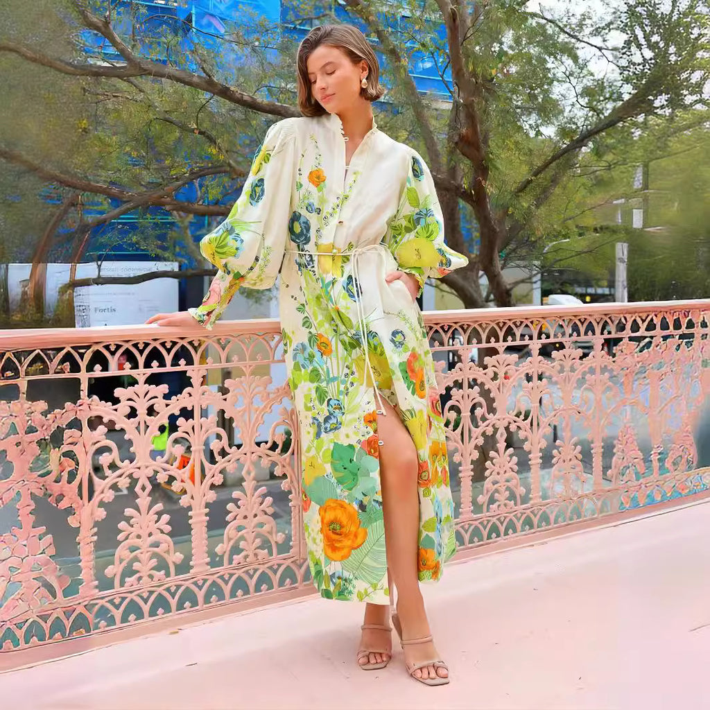 Single-breasted Long Lantern Sleeve Graffiti Printing Lace-up Waist Dress