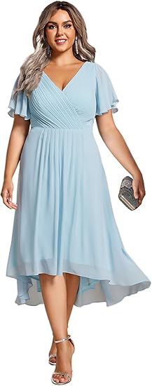 Banquet Evening Dress A- Line V-neck Chiffon Short Sleeve Knee-length Plus Size