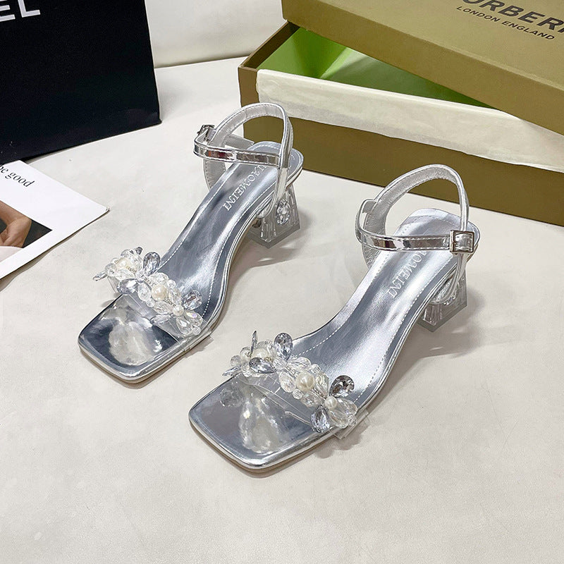 Chunky Heel Rhinestone One-strap Outdoor High Heels