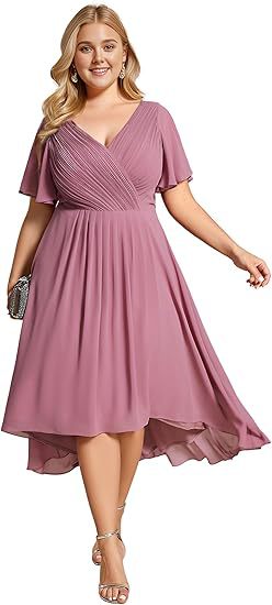 Banquet Evening Dress A- Line V-neck Chiffon Short Sleeve Knee-length Plus Size